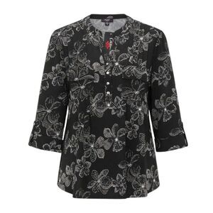 Cocomo Women's Plus Size 2X Black & White Floral Print Pintuck 3/4 Sleeve Top